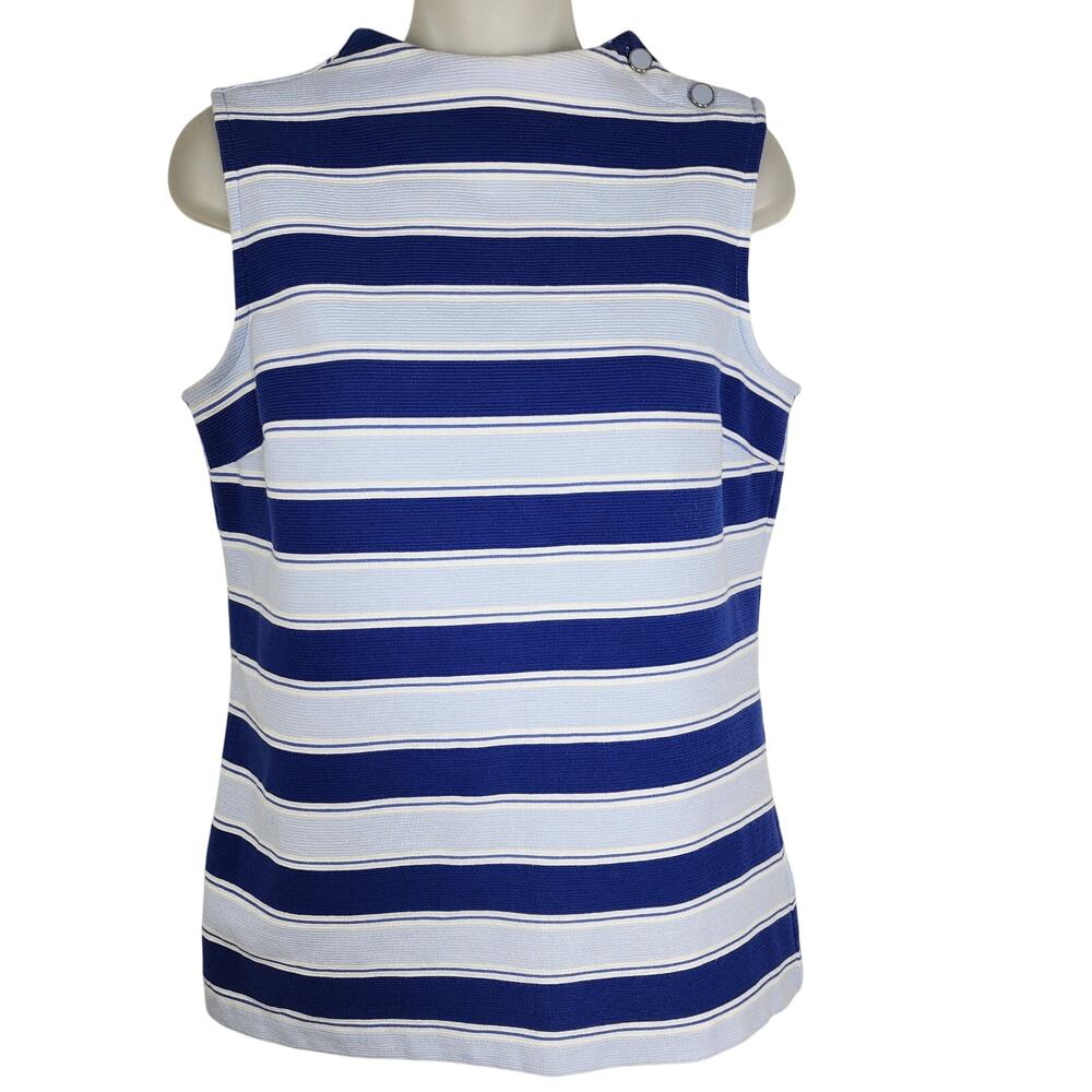 Talbots High Neck Button Shoulder Top Small Blue Textured Sleeveless Nautical